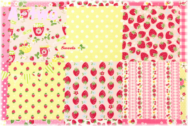 ストロベリーパッチ　ピンク×ライトグリーン　（約110cm幅×50cm）
