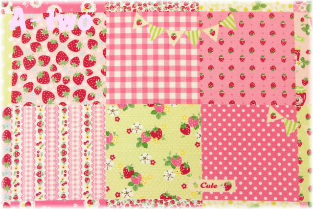 ストロベリーパッチ　ピンク×ライトグリーン　（約110cm幅×50cm）